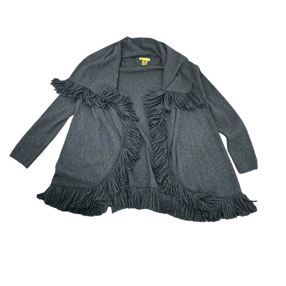 CATHERINE MALANDRINO GRAY WOOL & CASHMERE RIBBED KNIT OPEN CARDIGAN WITH FRINGE - Picture 10 of 13